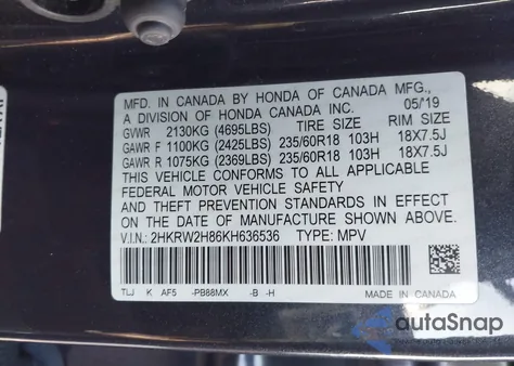 2019 Honda Cr-V Ex-L z USA, uszkodzony, nr VIN 2HKRW2H86KH636536